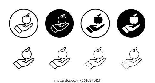 Apple in hand icon Black and white outline vector