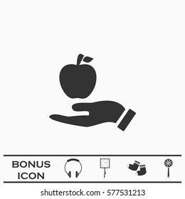Apple in hand icon flat. Black pictogram on white background. Vector illustration symbol and bonus button