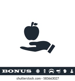 Apple in hand icon flat. Black pictogram on white background. Vector illustration symbol and bonus button