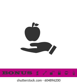 Apple in hand icon flat. Black pictogram on white background. Vector illustration symbol and bonus button