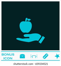 Apple in hand icon flat. Blue pictogram on dark background. Vector illustration symbol and bonus icons