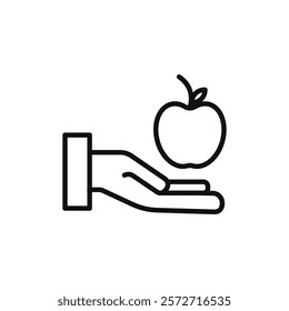Apple in hand icon flat line symbol set.