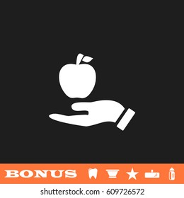 Apple in hand icon flat. White pictogram on black background. Vector illustration symbol and bonus button tooth, vase, star, mirror, bottle