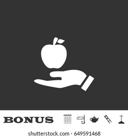 Apple in hand icon flat. White pictogram on black background. Vector illustration symbol and bonus icons