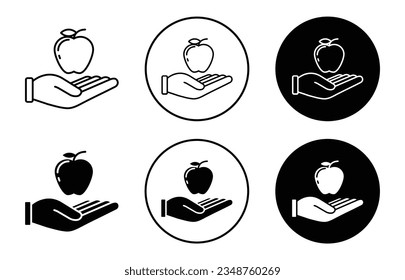 Apple in hand icon set. healthy apple fruit vector symbol in black filled and outlined style.