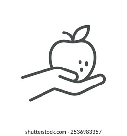 Apple in Hand Icon. Einfache Liniendarstellung einer Hand, die einen Apfel hält und gesunde Nahrungswahl und biologische Landwirtschaft repräsentiert.