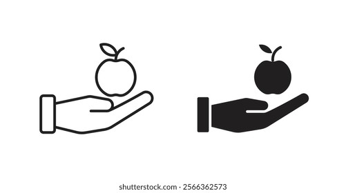 Apple in hand icons in line stroke and flat versions