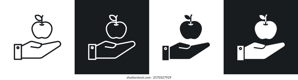 Apple in hand icons vectors set in black. line and flat versions
