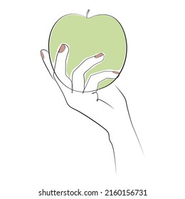 Apple en la mano un dibujo de línea sobre fondo aislado blanco