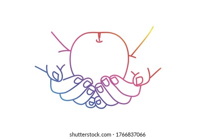 Apple in hands. Rainbow colours in linear vector illustration.