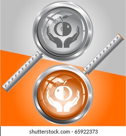 apple in hands. Vector magnifying glass.