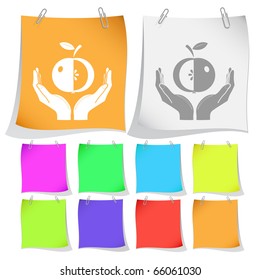 apple in hands. Vector note papers.