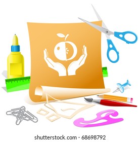 apple in hands. Vector paper template.