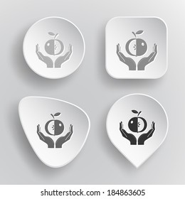 apple in hands. White flat vector buttons on gray background.