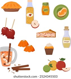 Cosecha de manzana con otoño acogedor. Tarta y mermelada, manzanas de caramelo. Zumo de manzana y vinagre. Sidra en una taza con especias. Conjunto de Elementos. Ilustración vectorial