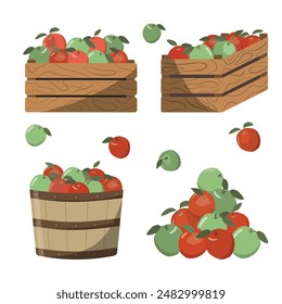 Colección temática de la cosecha de manzanas. Cajón de jardín, cestas de manzanas. Ilustración de dibujos animados de Vector aislado sobre fondo blanco.