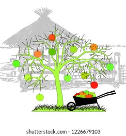 Apple harvest. Apple tree with wheelbarrow.Vector illustration.Eps10