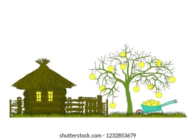 Apple harvest. Apple tree with wheelbarrow.Vector illustration.Eps10