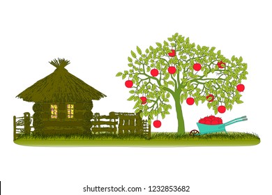Apple harvest. Apple tree with wheelbarrow.Vector illustration.Eps10