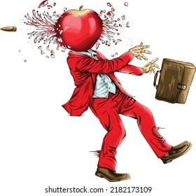 la cabeza de manzana ha sido asesinada aislada en el fondo negro para afiches, camisetas impresas, elemento de negocios, contenido de medios sociales, blog, sticker, vlog y tarjeta. ilustración vectorial.