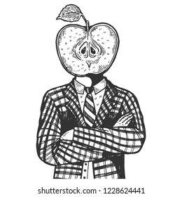 Apple head of man engraving vector illustration. Scratch board style imitation. Black and white hand drawn image.