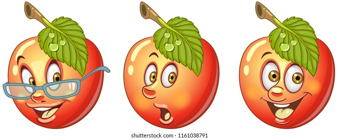 Apple. Healthy Food concept. Emoji Emoticon collection. Cartoon characters for kids coloring book, colouring pages, t-shirt print, icon, logo, label, patch, sticker.