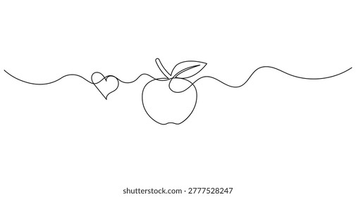 Apple and heart continuous one line art drawing for healthy lifestyle and love concept