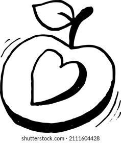 An apple with a heart. Doodle illustration, linerart on a white background.
