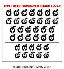 APPLE HEART MONOGRAM DESIGN, A to Z and 0  to 9