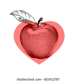 Apple Heart Vector Design. Black apple Isolated on White Background Covered By Red Heart. Dotted Graphic Technique. Leaf. Realistic Shades. EPS 10