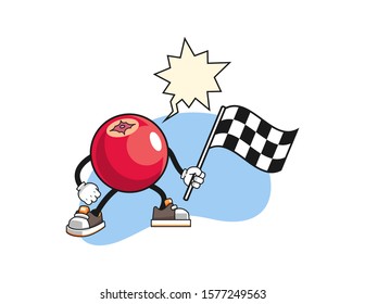 Apple hold racing flag with speech bubble cartoon. Mascot Character vector.