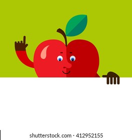 Apple holding a blank sheet and making attention gesture with forefinger. Flat style vector illustration. Funny cartoon character for agriculture or food design
