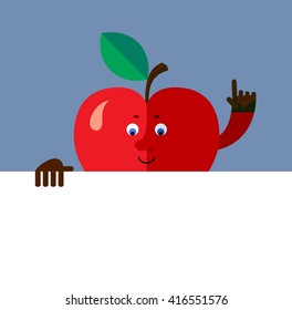Apple holding a blank sheet and making attention gesture with forefinger. Flat style vector illustration. Funny cartoon character for agriculture or food design