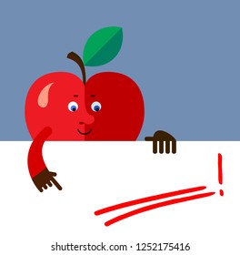 Apple holding a blank sheet and pointing on red underline empty place. Flat style vector illustration. Funny cartoon character for agriculture or food design