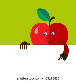 Apple holding a blank sheet pointing. Flat style vector illustration. Funny cartoon character for agriculture or food design