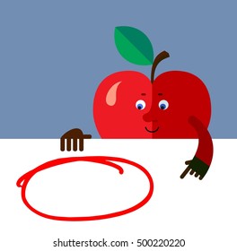 Apple holding a blank sheet and pointing on red empty frame. Flat style vector illustration. Funny cartoon character for agriculture or food design