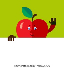 Apple holding a blank sheet and waving hand greeting. Flat style vector illustration. Funny cartoon character for agriculture or food design