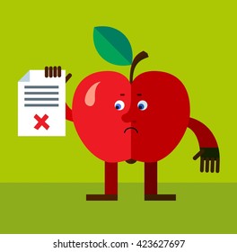 Apple holding checklist with X sign. Flat style vector illustration. Funny cartoon character for agriculture or food design