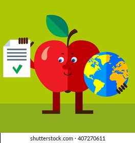 Apple holding a globe and check list with green mark. Flat style vector illustration. Funny cartoon character for agriculture or food design