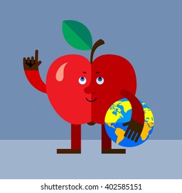 Apple holding a globe and making attention gesture with forefinger . Flat style vector illustration. Funny cartoon character for agriculture or food design