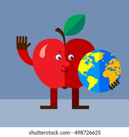 Apple holding a globe and waving hand. Flat style vector illustration. Funny cartoon character for agriculture or food design