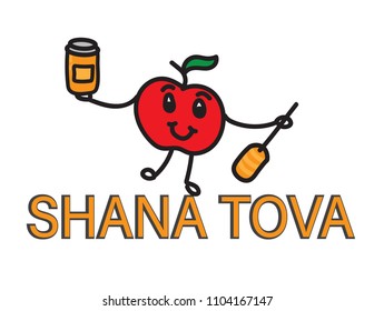 Apple holding honey jar and stick, standing on SHANA TOVA text