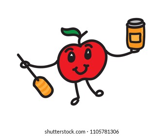 Apple holding honey jar and stick isolated