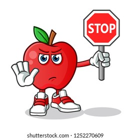 apple holding stop sign mascot vector cartoon illustration