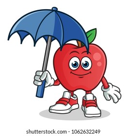 apple holding umbrella mascot vector cartoon illustration