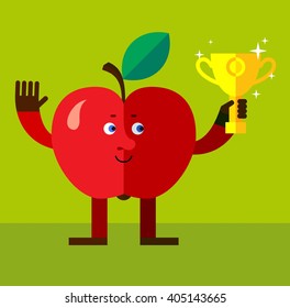 Apple holding winning trophy. 