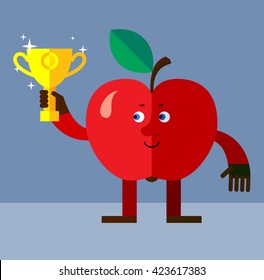 Apple holding winning trophy. Flat style vector illustration. Funny cartoon character for agriculture or food design