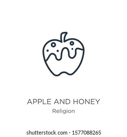 Apple and honey icon. Thin linear apple and honey outline icon isolated on white background from religion collection. Line vector sign, symbol for web and mobile