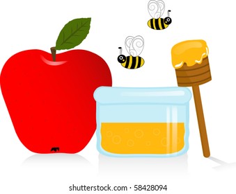 Apple and Honey Jewish New Year Symbols Vector Illustration