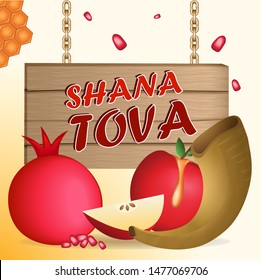 Apple and honey pomegranate shofar with a sign written New Year's Translation